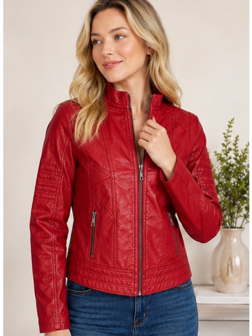NWT Made By Johnny Red Faux Leather Vegan Zip Up Moto Style Jacket Size S